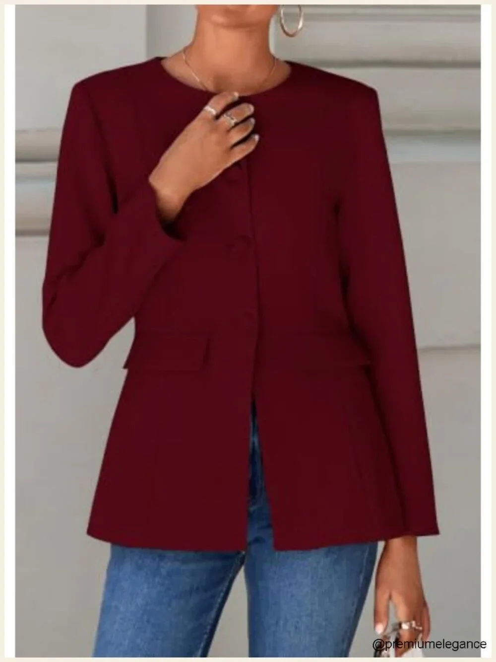 Women's Crew Neck Long Sleeve Blazer Button Down Suit Jacket